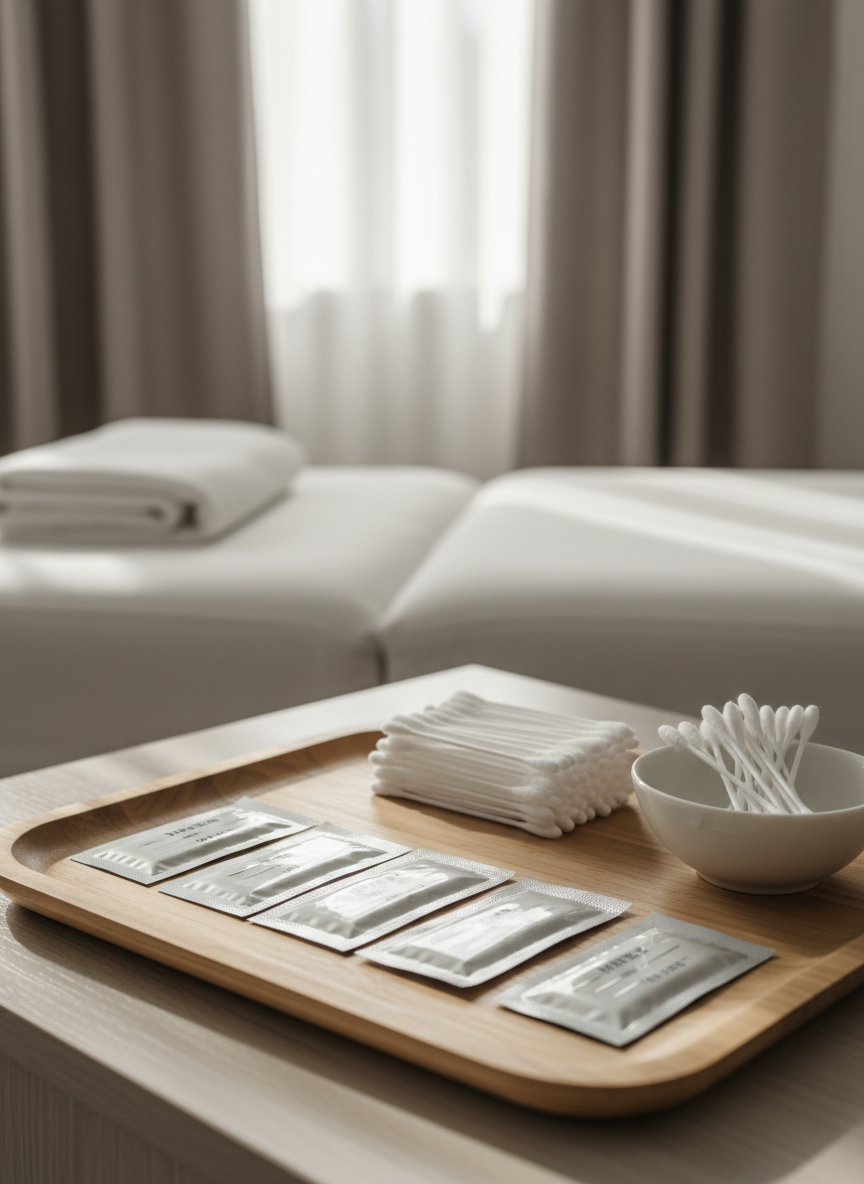 A close-up view of a neatly arranged acupuncture station in a bright, contemporary clinic. On a smooth light-wood tray sit individually packaged, stainless steel acupuncture needles, cotton swabs, and a small ceramic bowl, all meticulously aligned. Behind, a softly blurred treatment room shows a padded white table and neutral-toned curtains. Natural afternoon light from a side window casts soft, clean highlights on the metal and subtle shadows on the tray, emphasizing hygiene and precision. The composition uses shallow depth of field and photographic realism, creating a professional, trustworthy atmosphere that reflects careful, individualized body care.