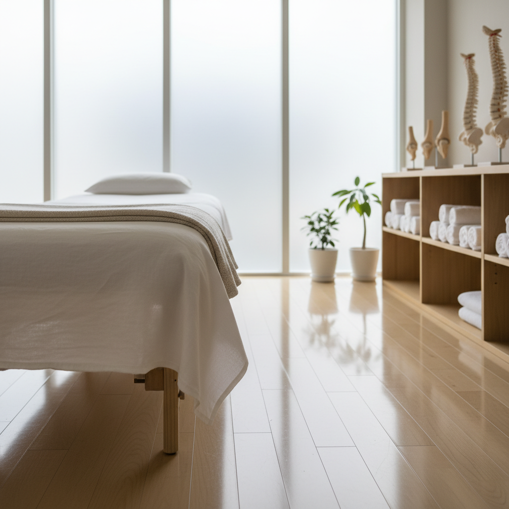 A modern treatment bed covered with a crisp white sheet in a clean, minimalist acupuncture and osteopathic clinic in Setagaya, Tokyo. Around the bed, neatly organized shelves hold rolled towels, wooden anatomical models, and simple greenery in white pots. Large windows with frosted glass allow soft daylight to flood the room, creating gentle reflections on the light wood flooring. The mood is calm, professional, and reassuring. Photographic realism at eye-level, with the treatment bed placed on the rule of thirds, and a sharp focus on textures of fabric and wood while the background gently blurs, suggesting a space dedicated to long-term body care rather than quick fixes.