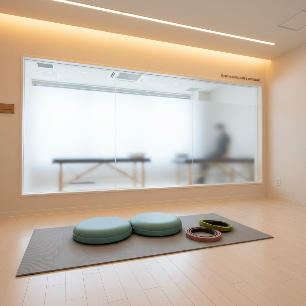 An inviting rehabilitation corner in a Setagaya acupuncture and osteopathic clinic, featuring a light gray exercise mat, a pair of small balance cushions, and a neatly stacked set of resistance bands in muted colors. The equipment rests on pale wooden flooring beside a large interior window that reveals the main treatment space in soft blur. Overhead, discreet warm LED lighting blends with faint daylight, producing an even, gentle illumination. Shot from a slightly elevated angle in photographic realism, the composition highlights the tools in the foreground and suggests guided exercises for work and daily-movement improvement, conveying a forward-looking, hopeful mood.