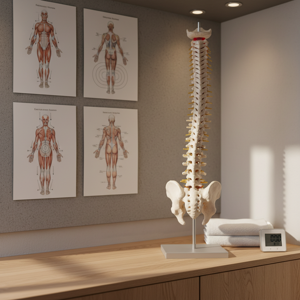 A detailed view of a treatment room corner where skeletal and muscular care are explained without people. A life-sized neutral-toned anatomical spine model stands on a low wooden cabinet next to laminated posture charts pinned to a soft gray board, with only diagrams and shapes, no text. A folded white towel and a small timer rest on the cabinet. Indirect natural light from an unseen window combines with soft ceiling lighting, creating subtle shadows that add depth. Shot at eye level in photographic realism, the composition uses moderate depth of field, focusing on the spine model to illustrate professional, evidence-based care for everyday movement and future health.